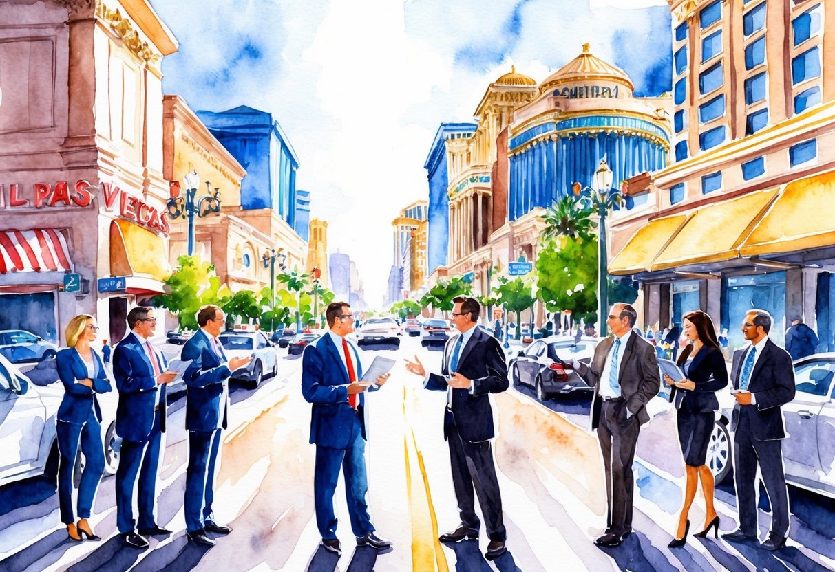 A bustling Las Vegas street with real estate professionals discussing investment opportunities