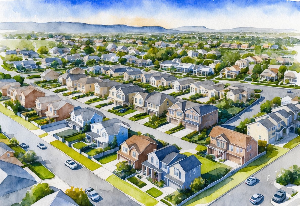 Aerial view of Henderson neighborhoods with various types of properties, including single-family homes, townhouses, and apartment complexes