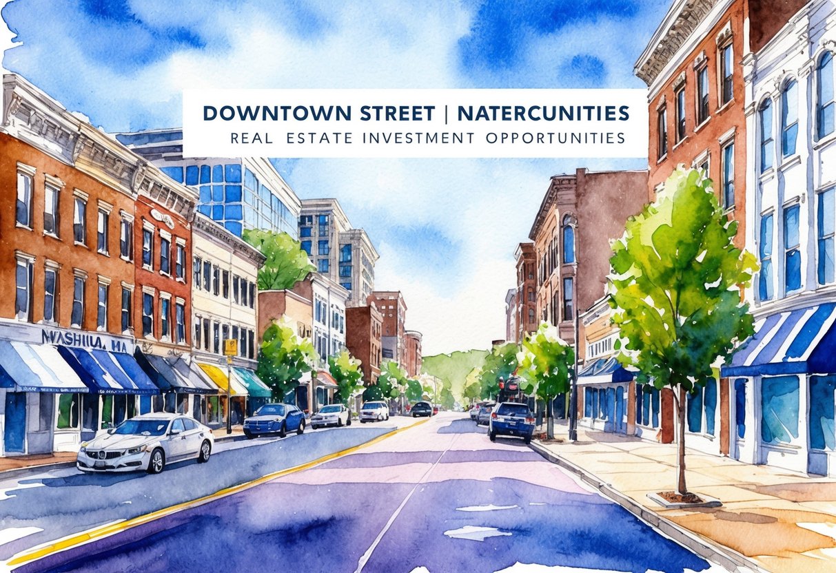 A bustling downtown street in Nashua, NH with a mix of historic and modern buildings, showcasing the city's real estate investment opportunities
