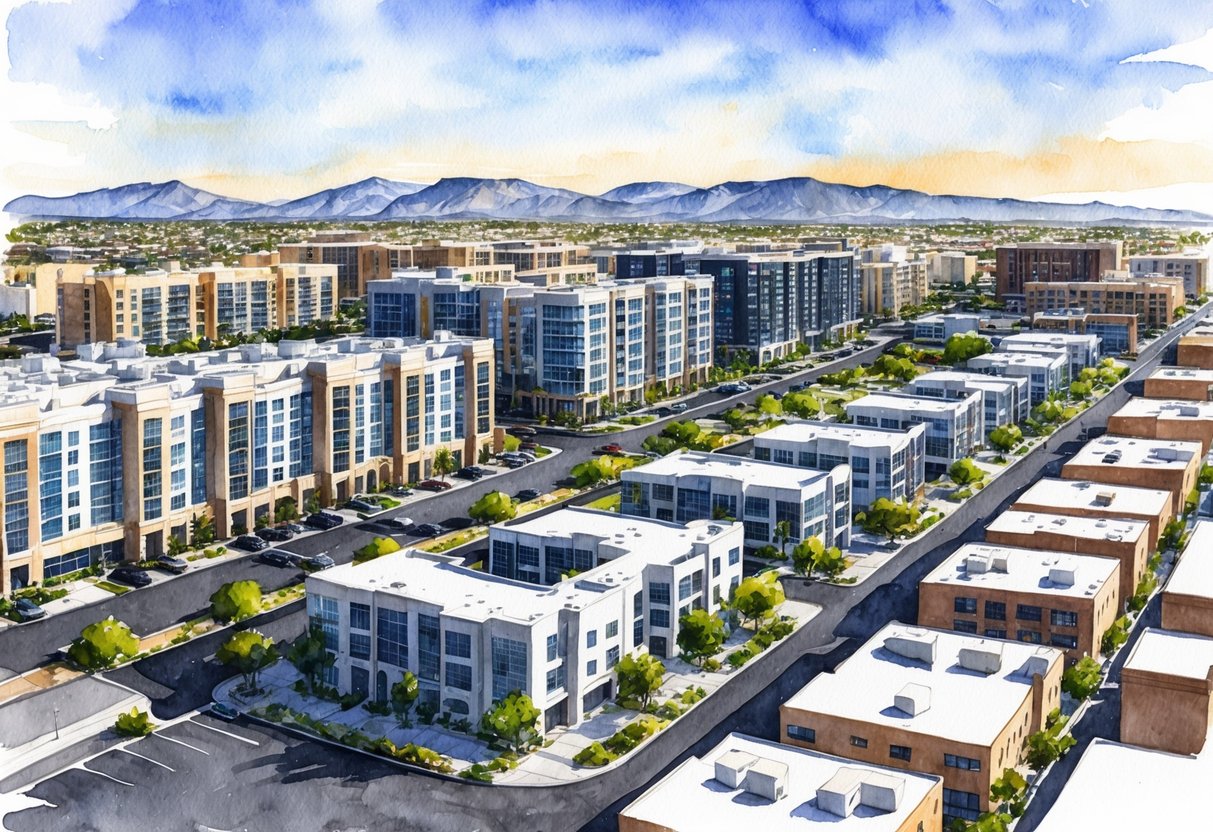 A bustling cityscape in Henderson, NV with rows of modern buildings, residential complexes, and commercial properties, showcasing the thriving real estate market