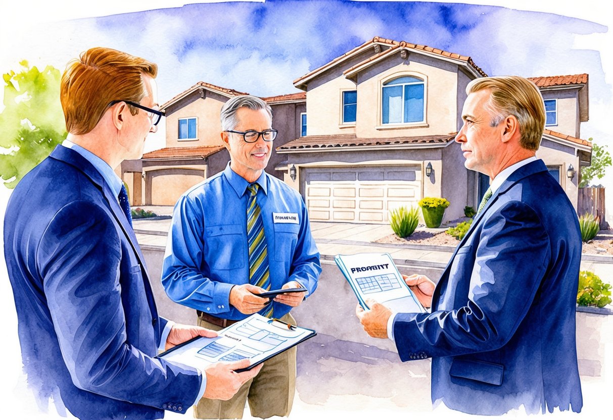 A property manager and landlord discuss investment properties in Henderson, NV. They review rental income and maintenance needs for various real estate options