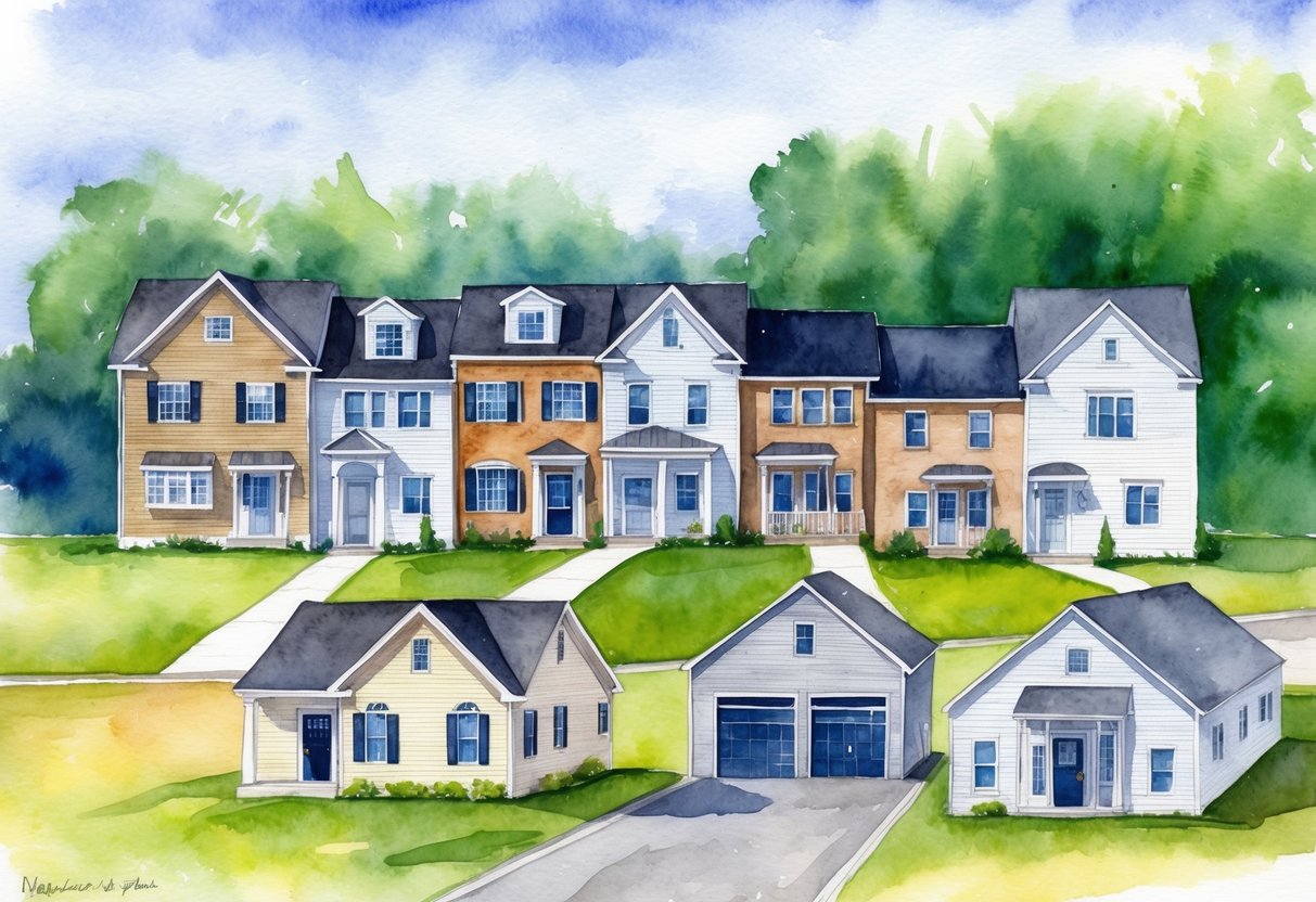 A row of diverse investment properties in Nashua, NH, including single-family homes, multi-family units, commercial buildings, and vacant land