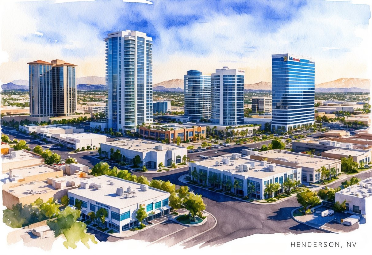 A bustling cityscape in Henderson, NV, with modern high-rise buildings and a mix of commercial real estate properties, showcasing diversification strategies in real estate investing
