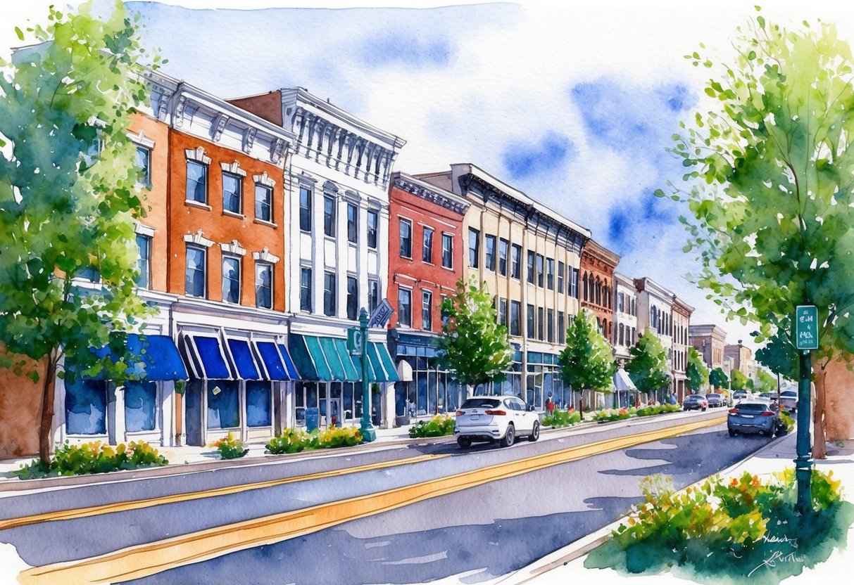 A bustling main street in Nashua, NH, lined with historic buildings and modern developments, surrounded by lush greenery and bustling with potential investment opportunities