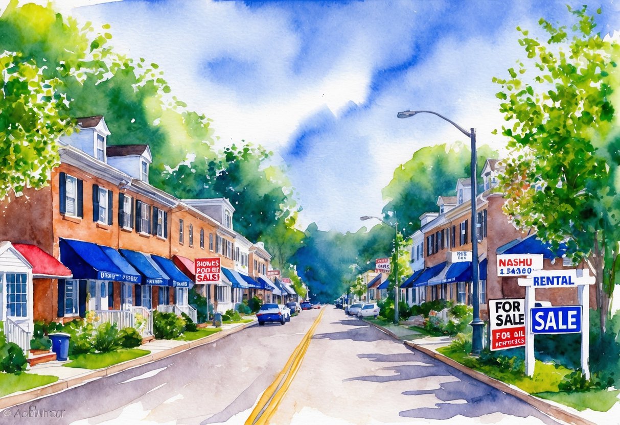 A bustling Nashua street lined with rental properties and "For Sale" signs, surrounded by lush greenery and a clear blue sky
