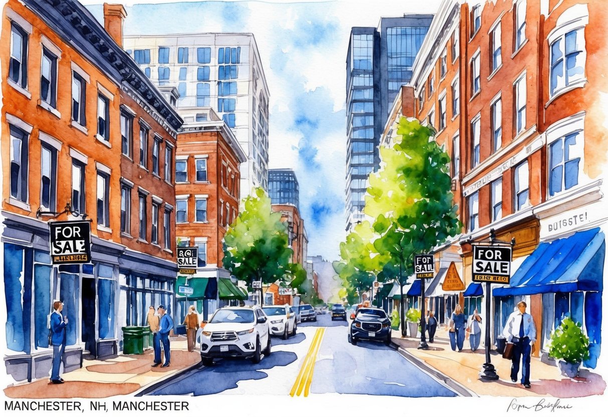 A bustling city street in Manchester, NH, lined with historic brick buildings and modern high-rises, with "For Sale" signs and busy professionals