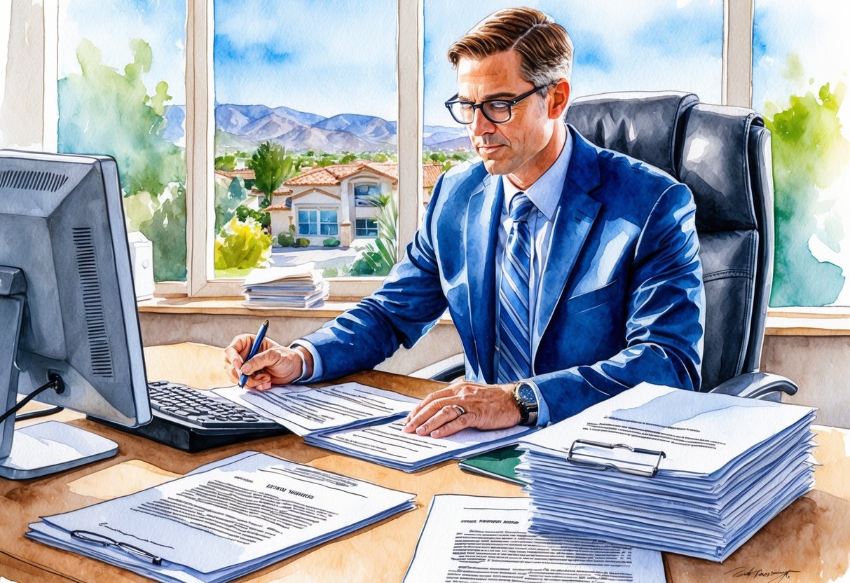 A real estate investor in Henderson, NV reviews legal and regulatory documents at a desk with a computer and stack of papers