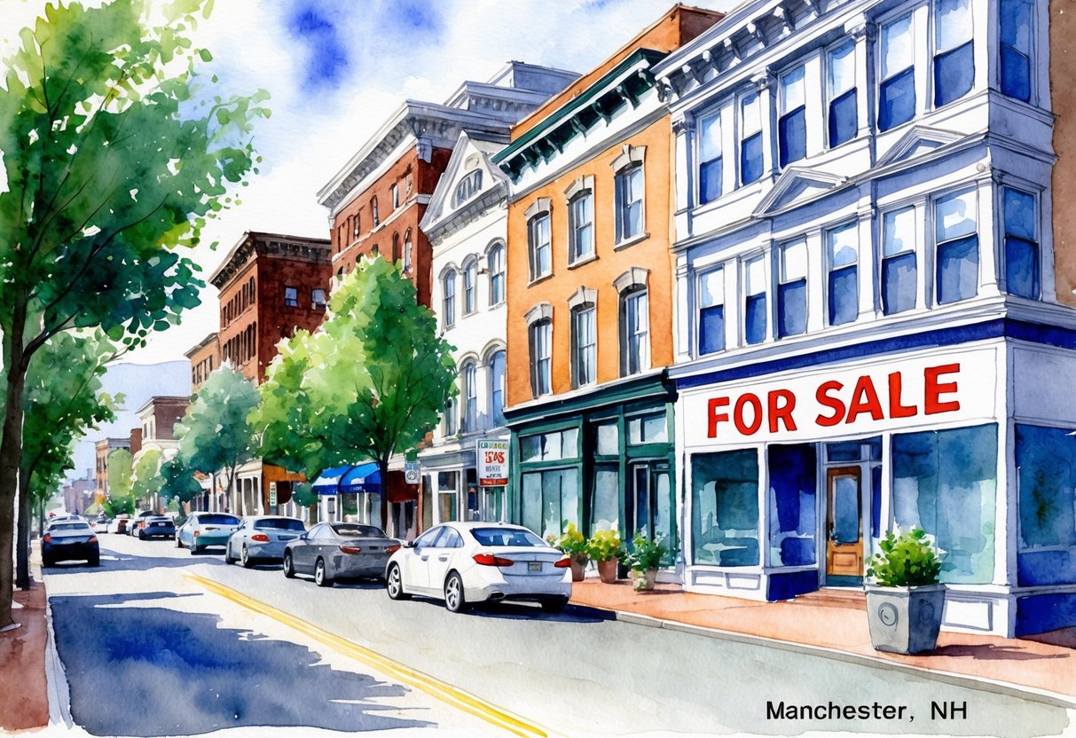 A bustling city street in Manchester, NH, with a mix of historic and modern buildings, and a busy real estate office with a "For Sale" sign