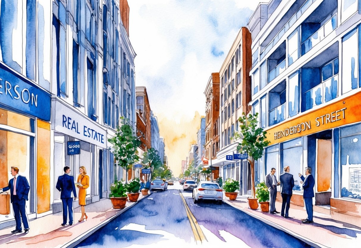A bustling Henderson street lined with modern real estate offices and busy investors discussing market forecasts