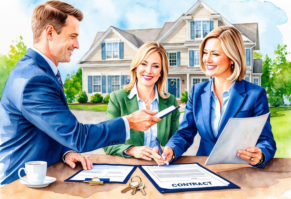 A real estate agent guiding clients through a contract signing and key exchange for a property in Nashua, NH