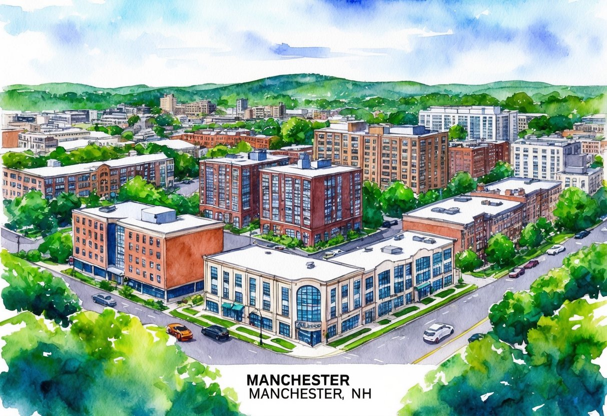 A bustling city scene in Manchester, NH with various real estate properties, including apartment buildings, commercial spaces, and residential homes. The city is surrounded by lush greenery and has a vibrant atmosphere
