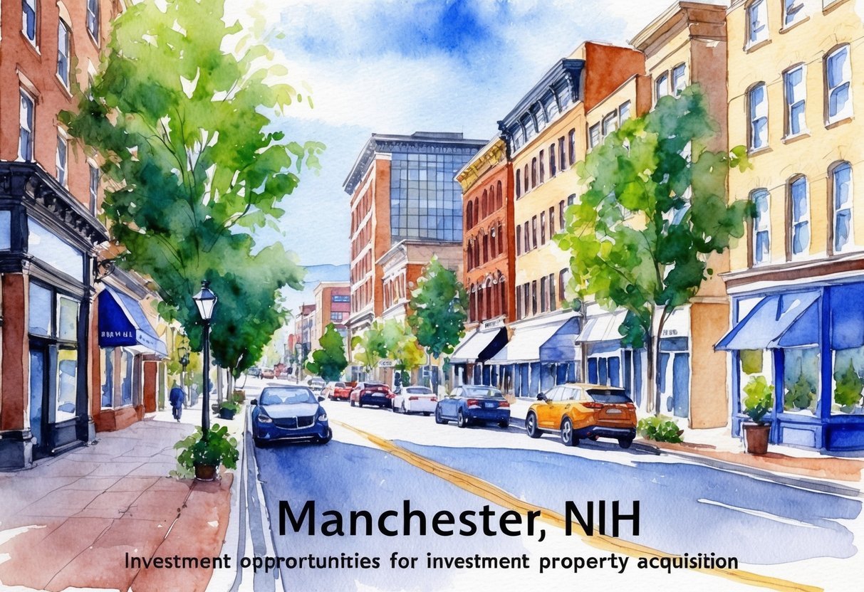 A bustling city street in Manchester, NH, with a mix of historic and modern buildings, showcasing the diverse real estate opportunities for investment property acquisition