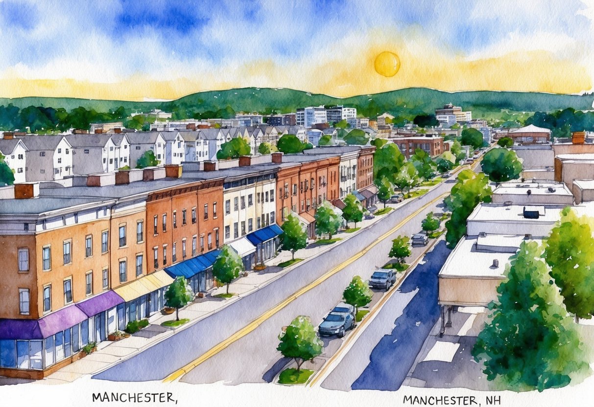 A sunny day in Manchester, NH, with rows of houses and apartment buildings, a bustling downtown area, and a mix of residential and commercial properties