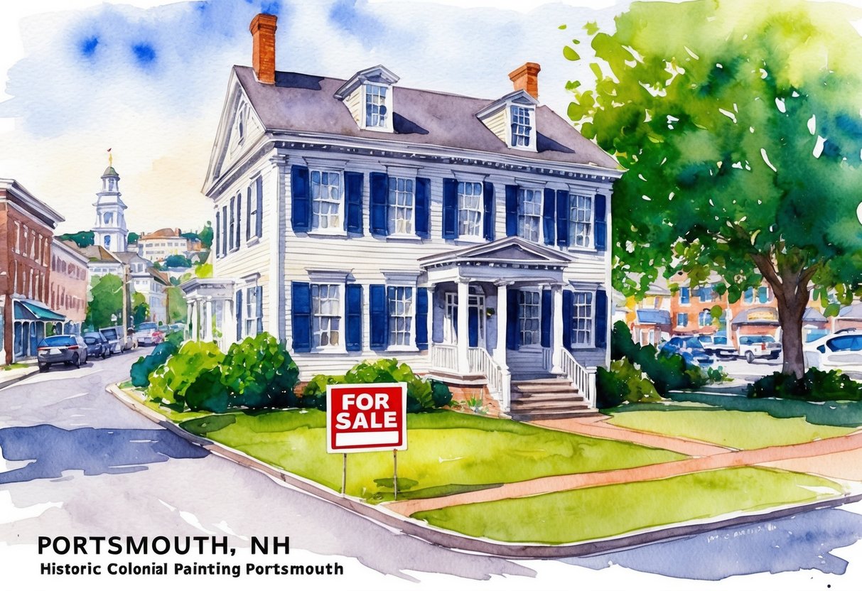 A historic colonial house in Portsmouth, NH with a "For Sale" sign in the front yard, surrounded by lush greenery and a bustling downtown in the background