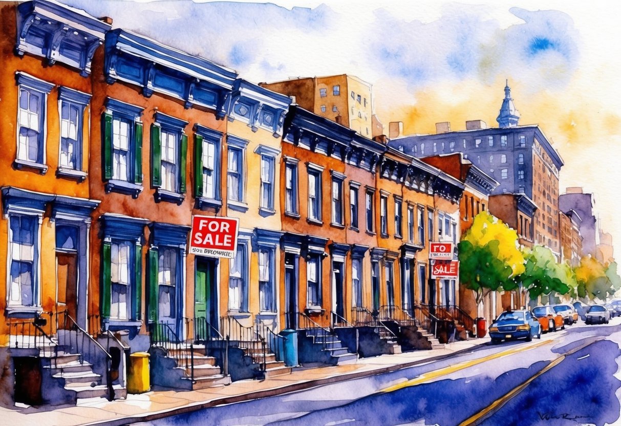 A row of historic brownstone buildings in Newark, NJ, with "For Sale" signs and a bustling city street in the background