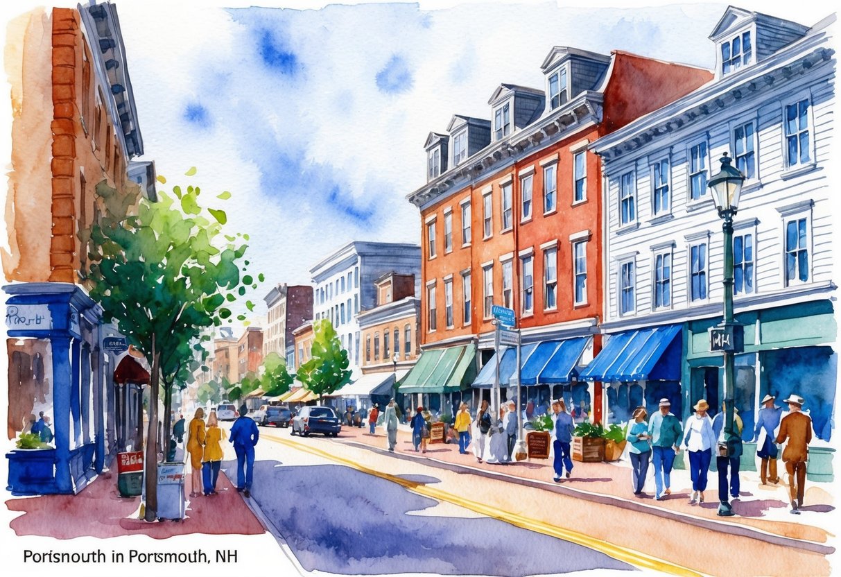 A bustling street in Portsmouth, NH, with a mix of historic and modern buildings, and people engaged in commerce and leisure activities