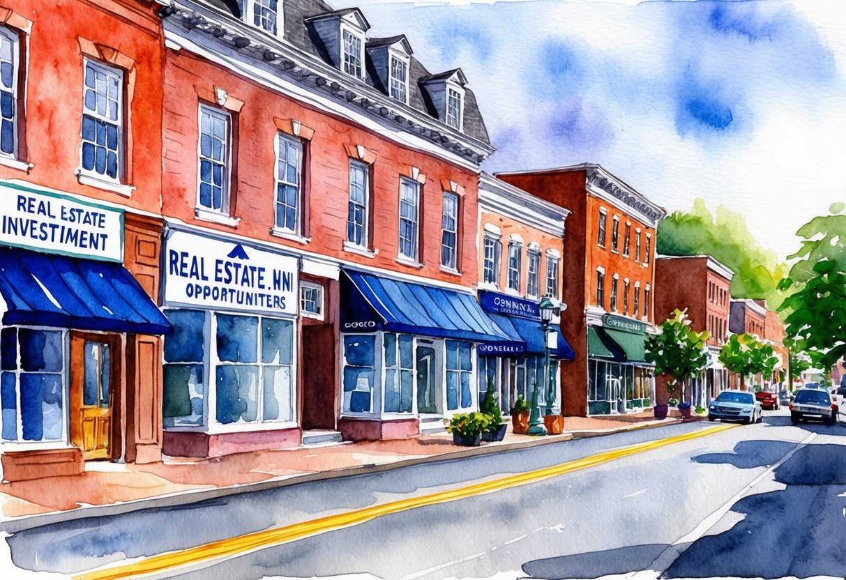 A bustling downtown street in Concord, NH with historic buildings and signs advertising real estate investment opportunities