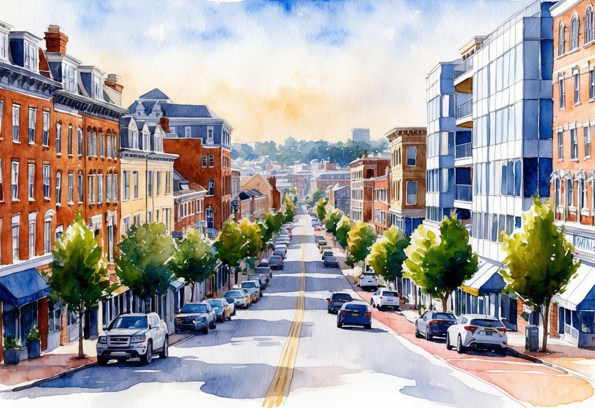 A bustling Portsmouth street lined with historic buildings and modern condos, with a mix of residential and commercial properties