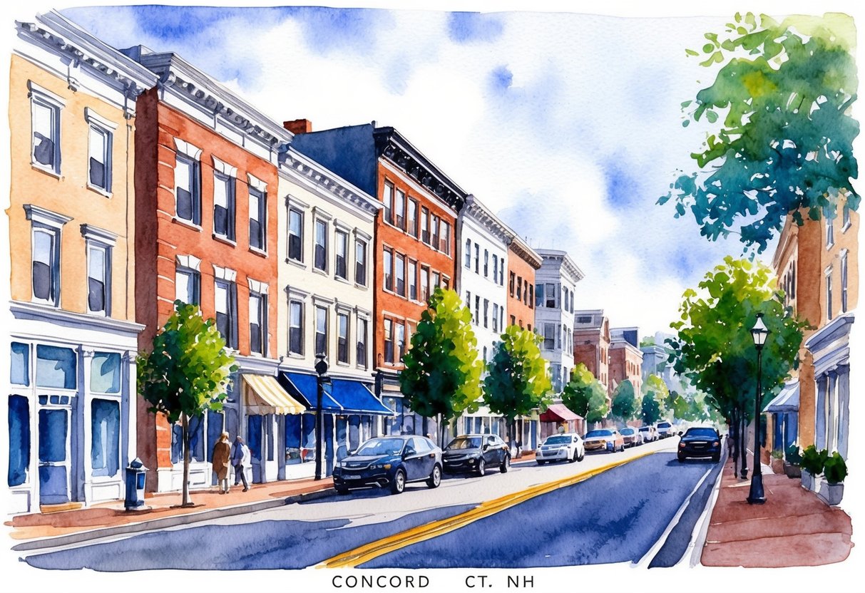 A bustling city street in Concord, NH with a mix of historic and modern buildings, showcasing the diverse real estate market