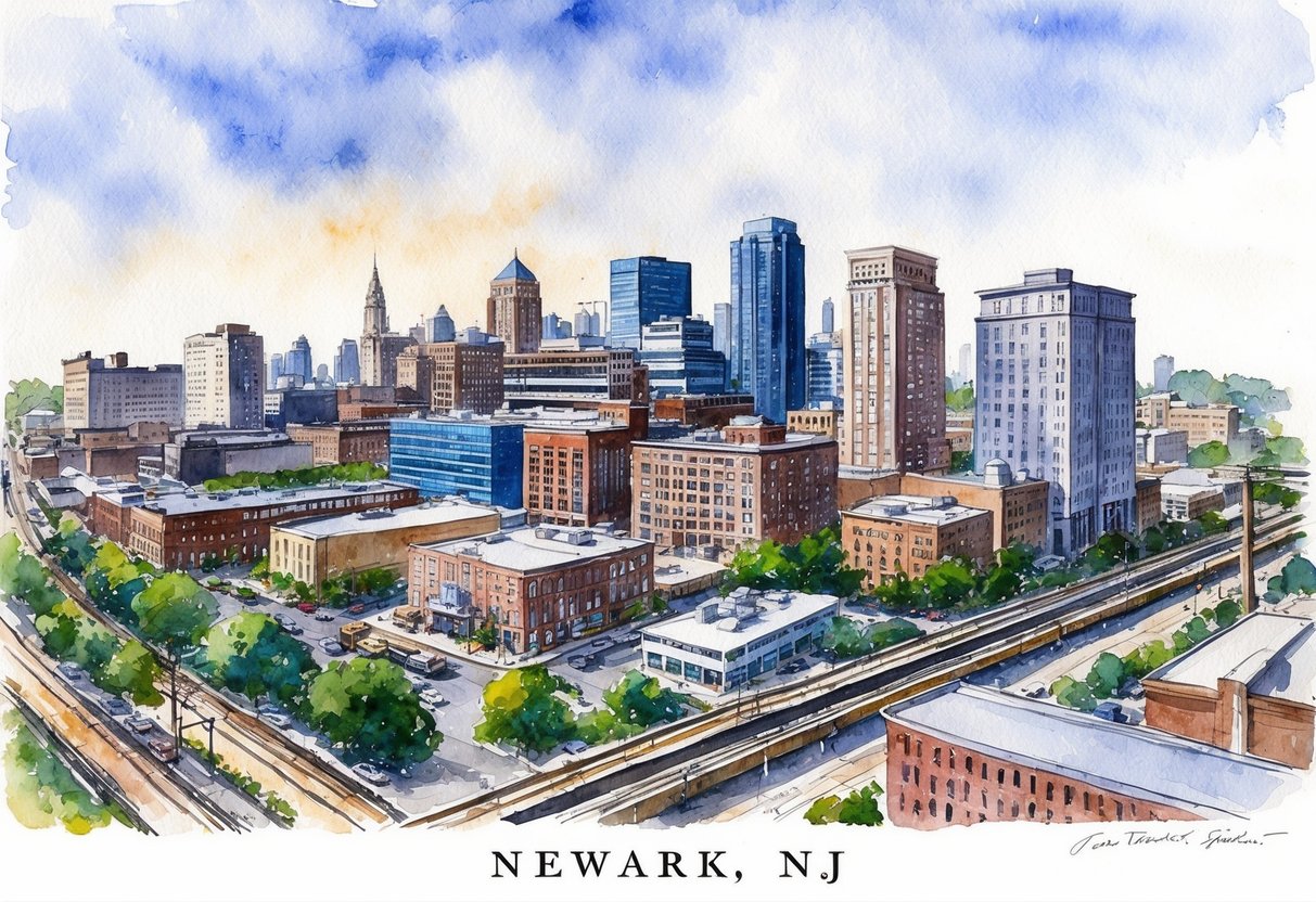 A city skyline with various types of properties in Newark, NJ, including residential, commercial, and industrial buildings, surrounded by bustling streets and transportation infrastructure