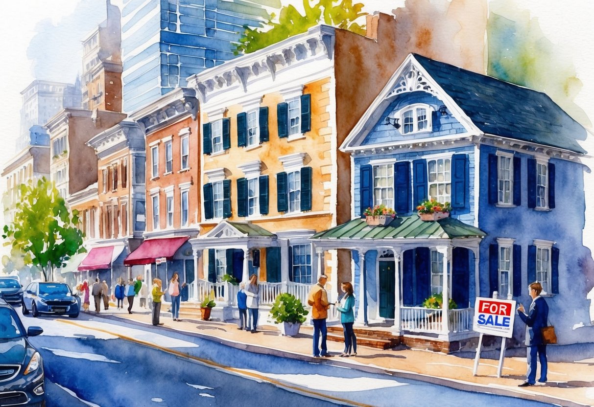 A bustling city street with a mix of historic and modern buildings, people browsing real estate listings on their phones, and a "For Sale" sign on a charming colonial-style house