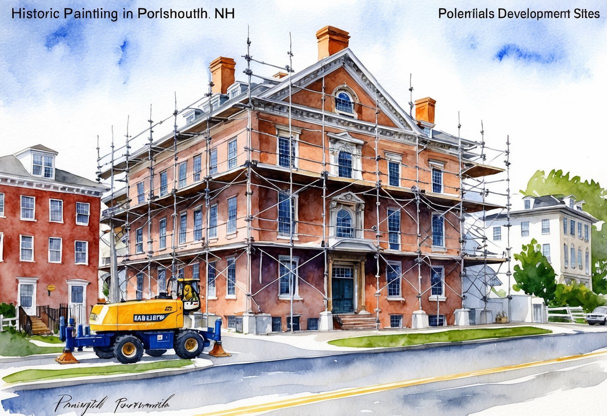 A historic building in Portsmouth, NH, with scaffolding and construction equipment, surrounded by potential development sites