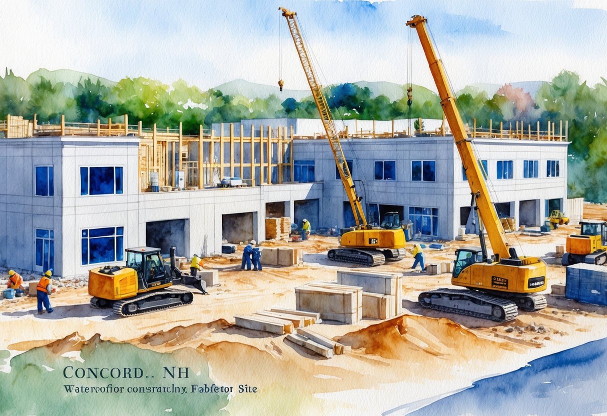 A bustling construction site in Concord, NH, with workers erecting new buildings and heavy machinery in action