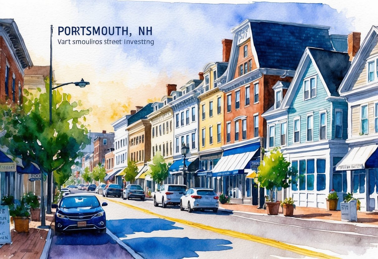 A bustling street in Portsmouth, NH, lined with historic buildings and modern developments, symbolizing the challenges and opportunities of real estate investing