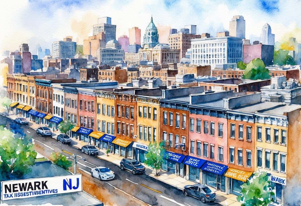 A bustling cityscape of Newark, NJ with rows of residential and commercial buildings, accompanied by signs of tax incentives and real estate investment opportunities