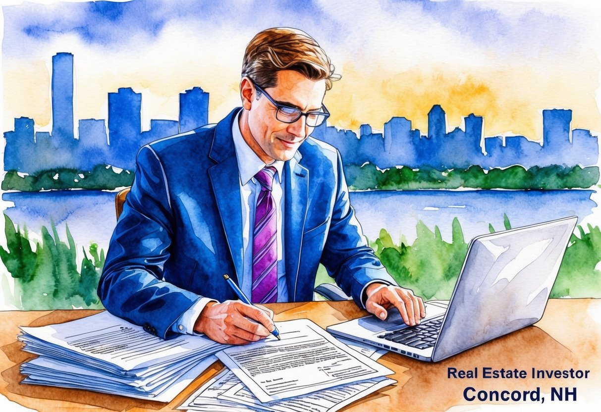 A real estate investor in Concord, NH reviews legal documents at a desk with a laptop, surrounded by paperwork and a city skyline in the background