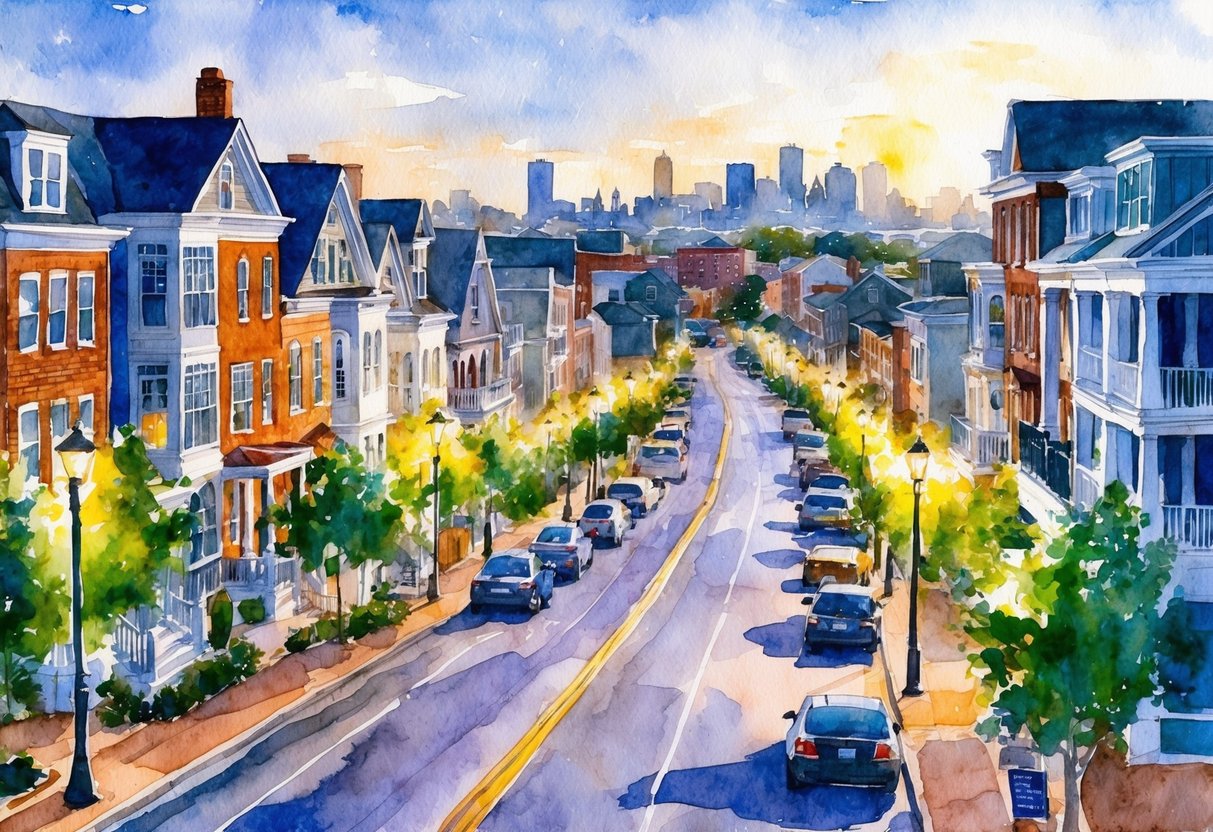 A bustling Portsmouth street lined with historic homes and modern condos, illuminated by the glow of streetlights and the city's skyline in the background