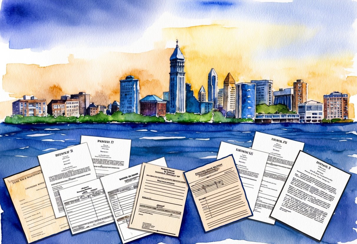 A skyline of Newark, NJ with various real estate properties and legal documents in the foreground