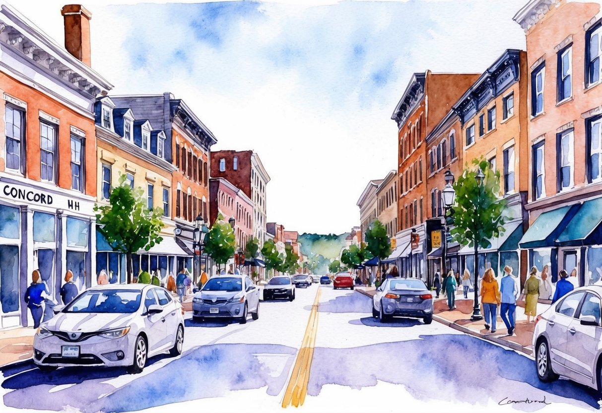 A bustling downtown street in Concord, NH, lined with historic buildings and modern storefronts, with a mix of pedestrians and cars passing by