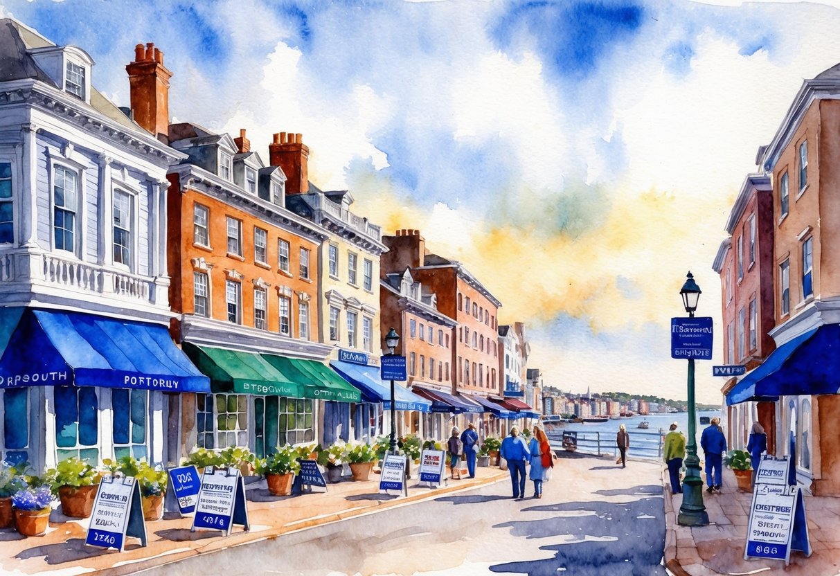 A bustling Portsmouth street with historic buildings and waterfront views, surrounded by real estate signs and bustling with potential buyers