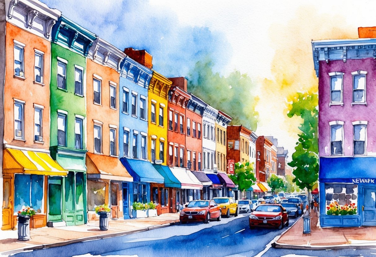 A bustling street in Newark, NJ, with rows of colorful row houses and apartment buildings, surrounded by diverse shops and restaurants