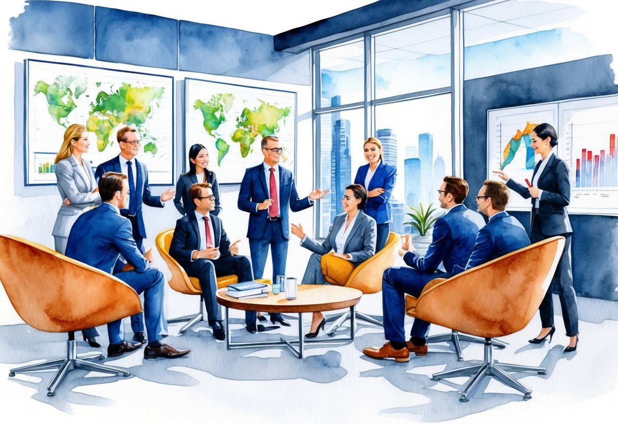 A group of real estate professionals discuss investment opportunities in a modern office setting, with maps and charts on the walls