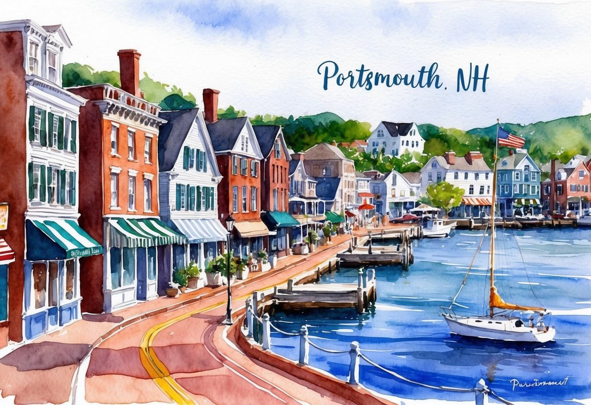A bustling street in Portsmouth, NH with historic homes and waterfront views, surrounded by local shops and restaurants
