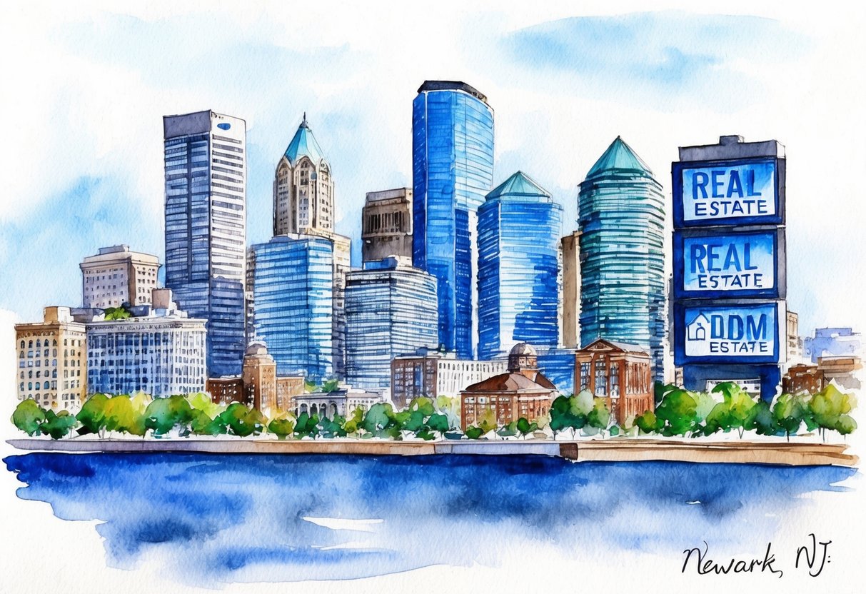 A bustling city skyline with modern buildings and digital screens displaying real estate data, set against the backdrop of Newark, NJ