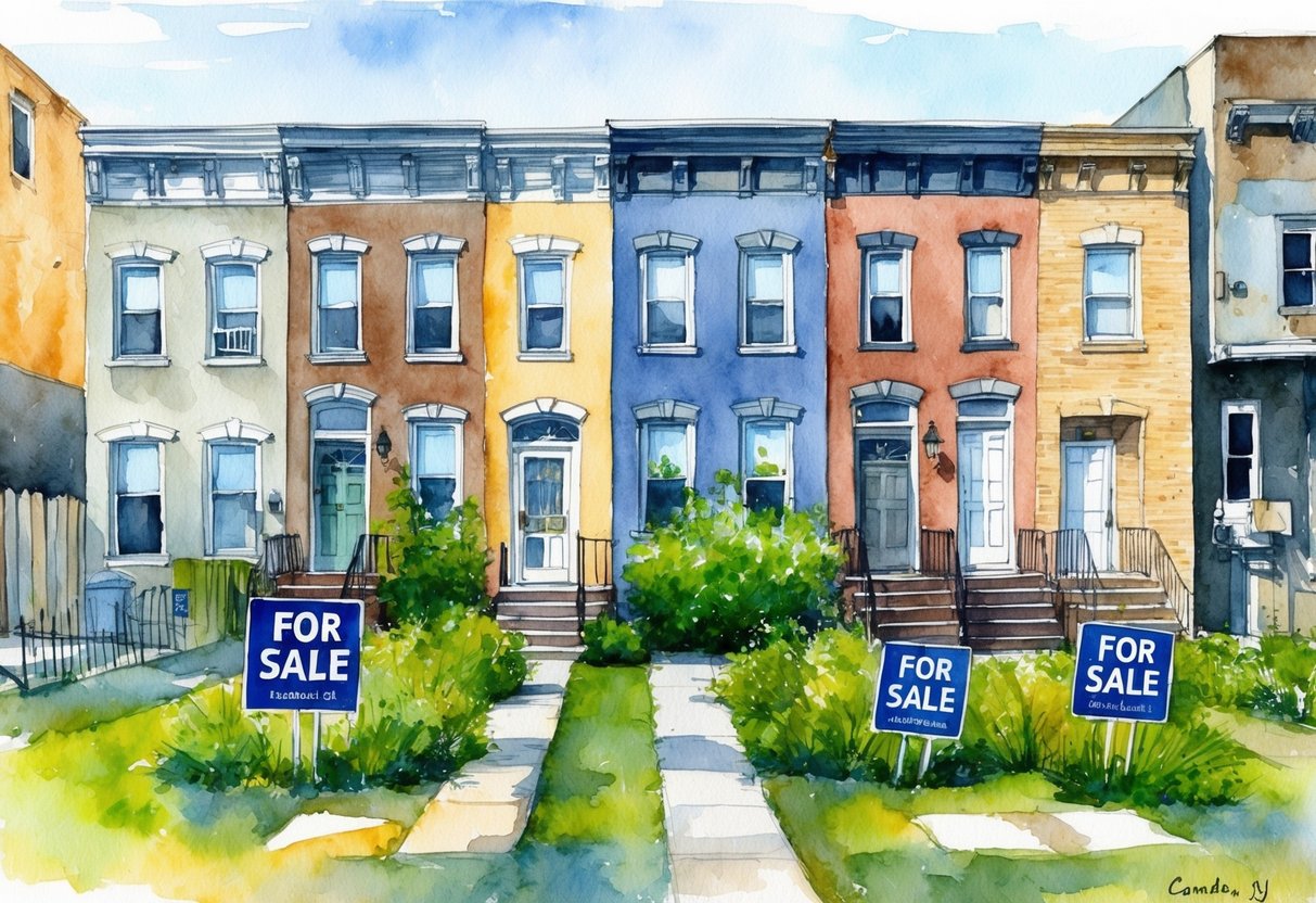 A row of rowhouses in Camden, NJ, with "For Sale" signs out front, surrounded by overgrown yards and boarded-up buildings