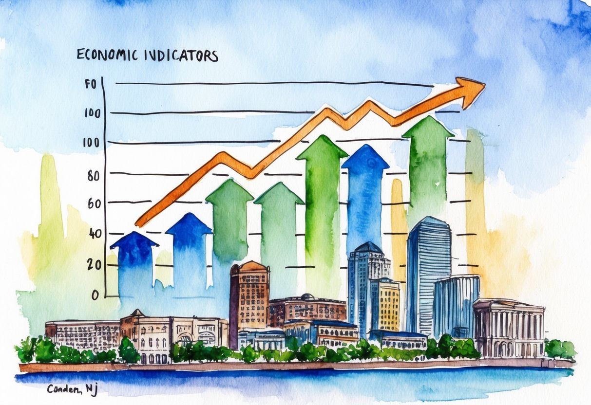 A graph showing economic indicators, with arrows pointing upward, and a skyline of Camden, NJ in the background