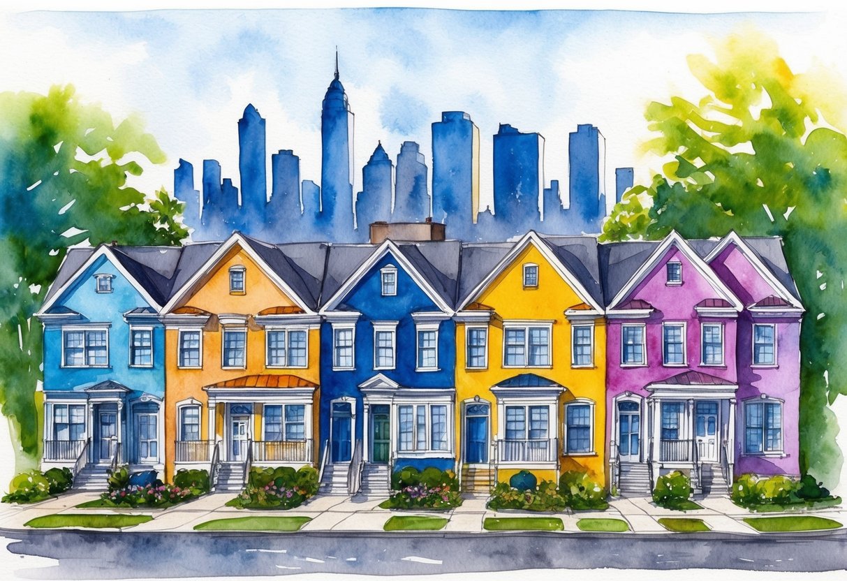 A row of colorful townhouses in Jersey City, NJ, with a skyline of high-rise buildings in the background
