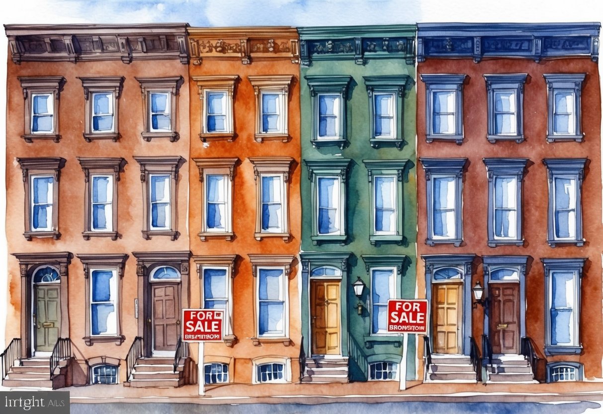 A row of historic brownstone buildings in Trenton, NJ, with "For Sale" signs displayed in front of each property