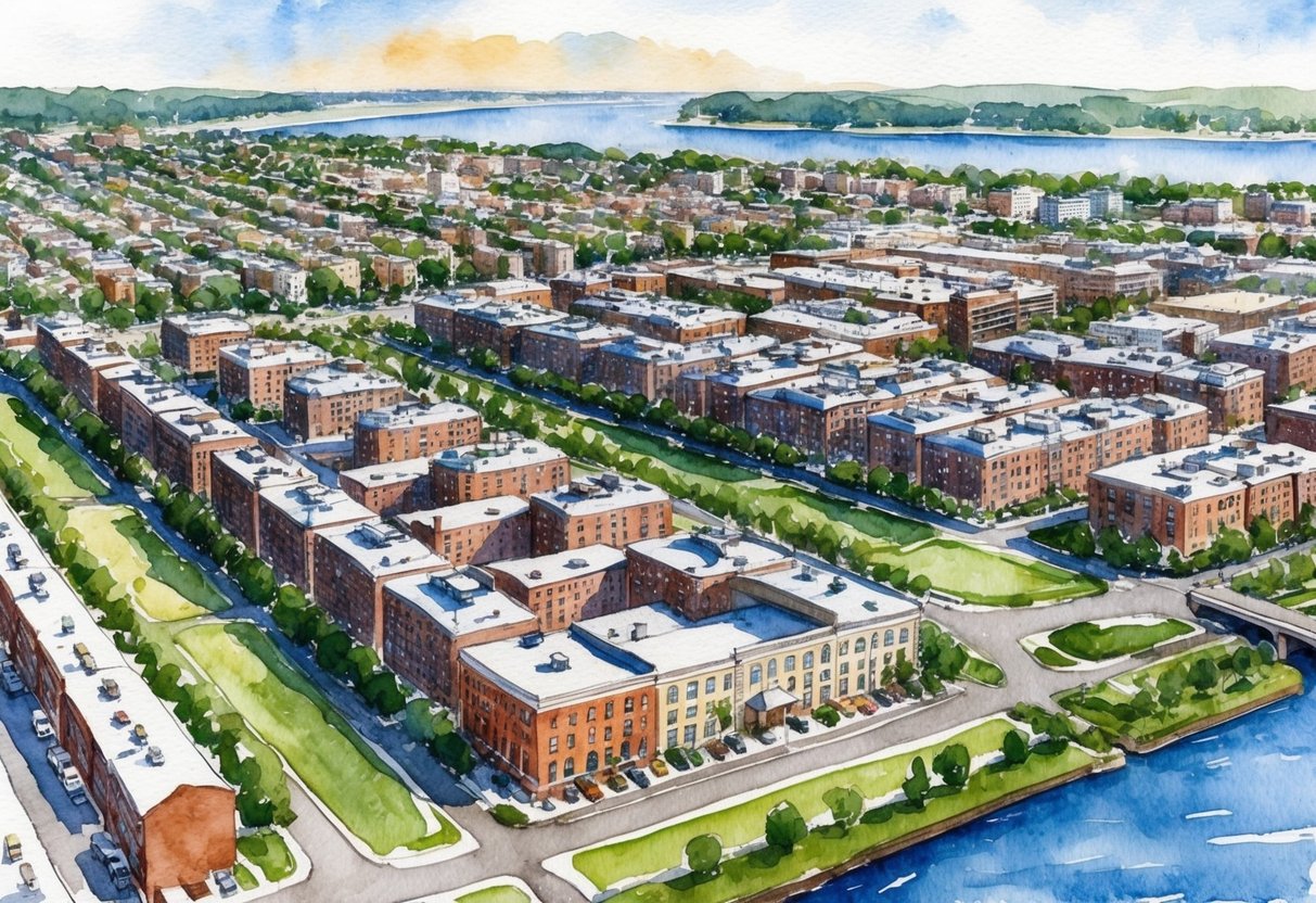 Aerial view of Camden, NJ with rows of residential and commercial buildings, surrounded by green spaces and the Delaware River