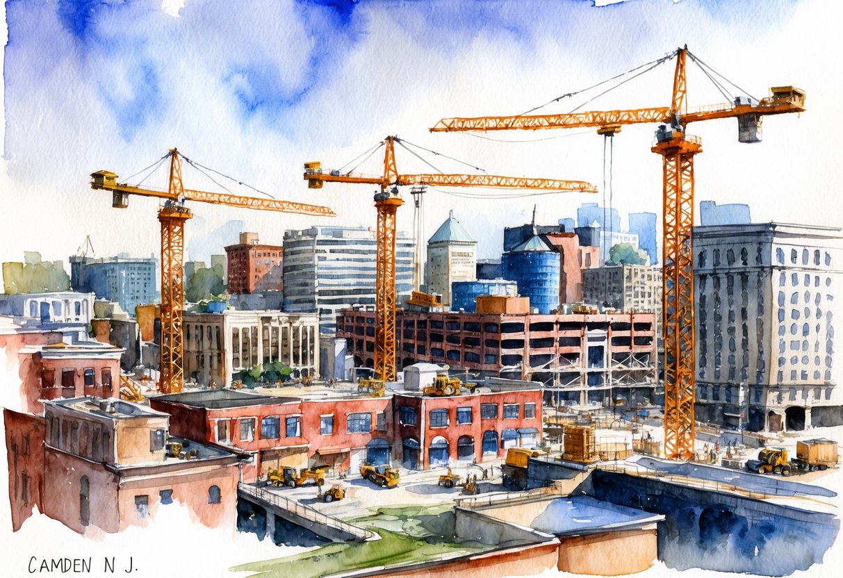 A bustling cityscape in Camden, NJ, with construction cranes and workers building new infrastructure and development projects