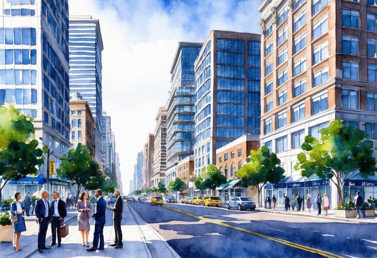 A bustling city street in Jersey City, NJ, lined with modern high-rise buildings and busy commercial properties, with investors and brokers discussing real estate deals