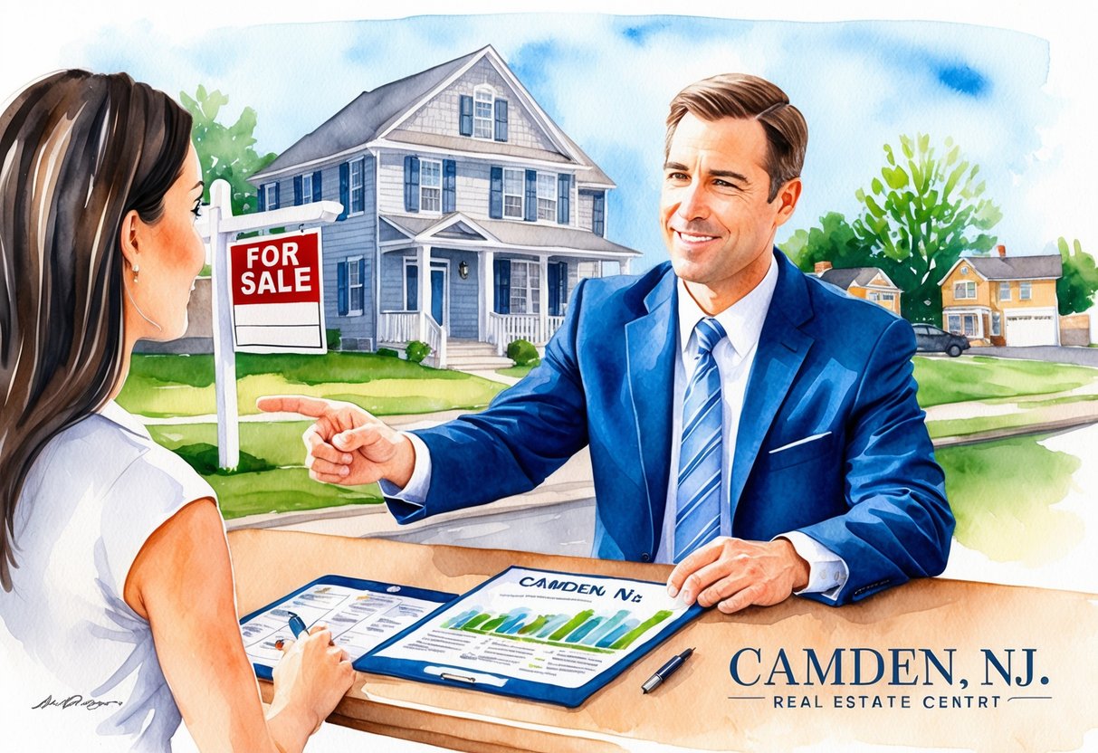 A real estate agent guiding a client through the process, pointing to property listings and discussing investment options in Camden, NJ