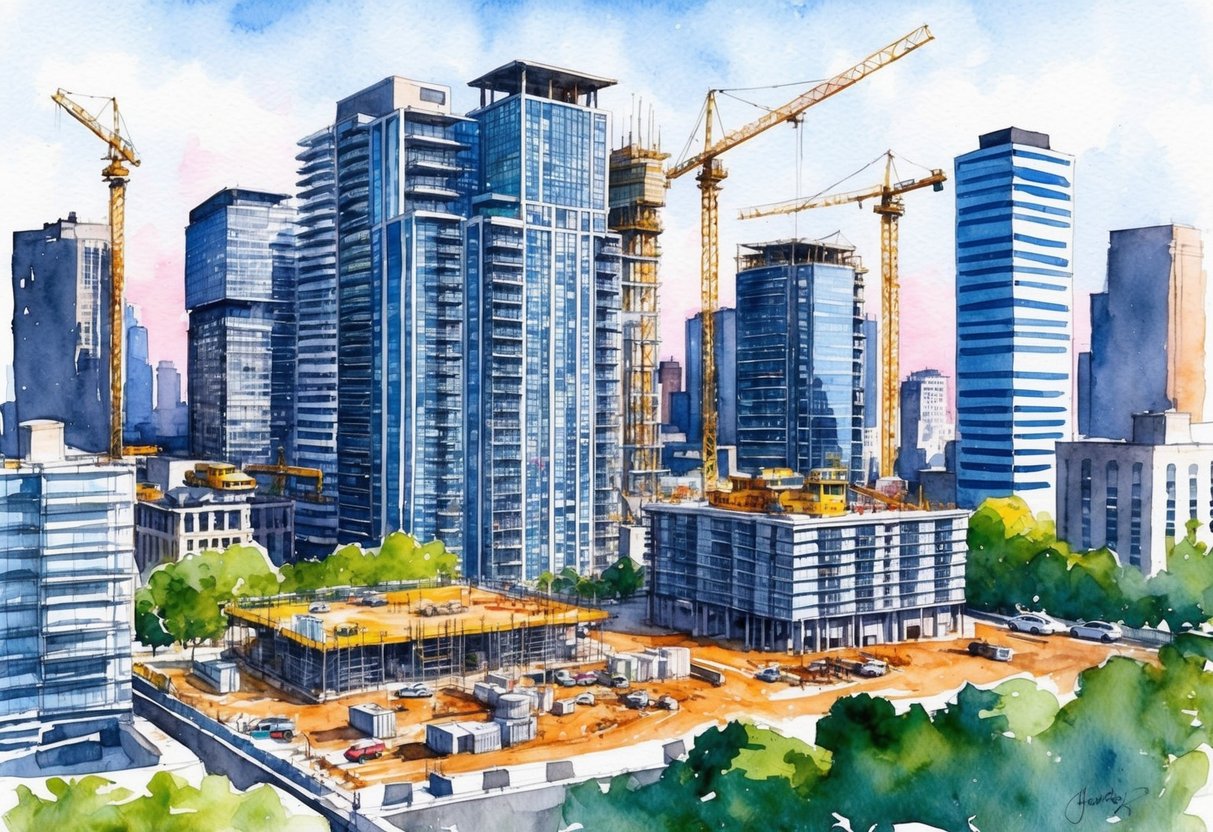A bustling cityscape with modern high-rise buildings and construction sites, symbolizing real estate development and growth in Jersey City, NJ