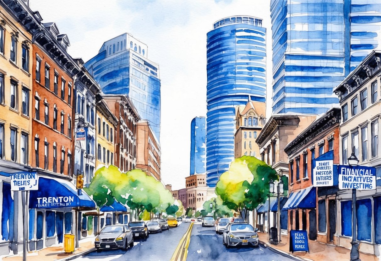 A bustling city street in Trenton, NJ lined with historic buildings and modern skyscrapers, with signs advertising financial incentives for real estate investing