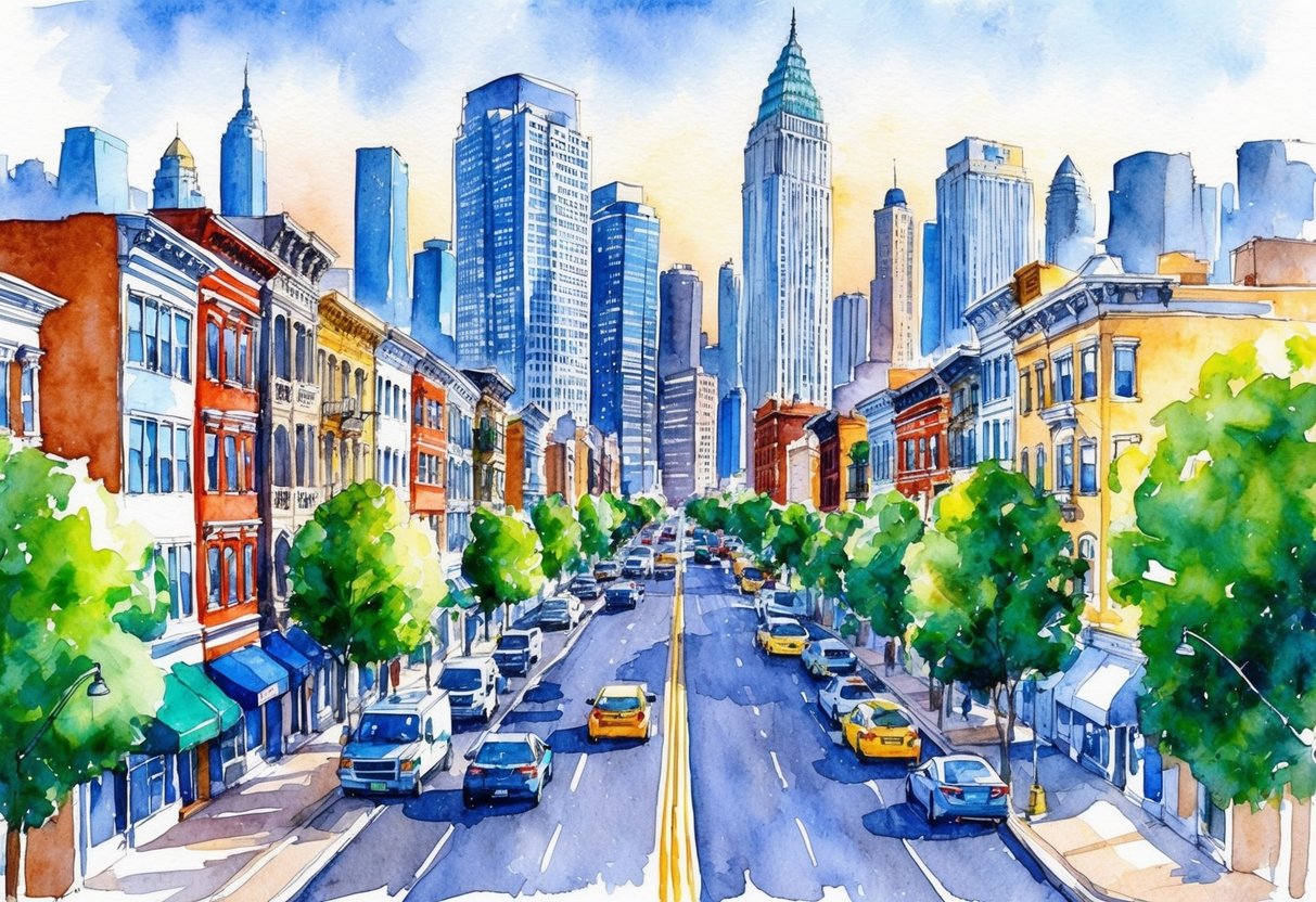 A bustling city street in Jersey City, New Jersey, with rows of diverse real estate properties and skyscrapers, showcasing the financial aspects of real estate investing