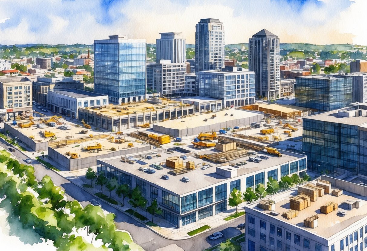 A bustling cityscape with modern buildings and construction sites, showcasing Trenton's Development Projects' impact on the urban landscape of Trenton, NJ